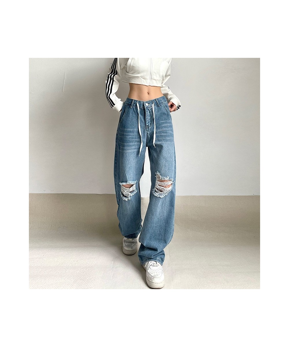 Streetwear Ripped Jeans Women Low Rise Lace Up Straight Trousers Korean Fashion All-match Casual Denim Baggy Pants 여성용 바지 $49...