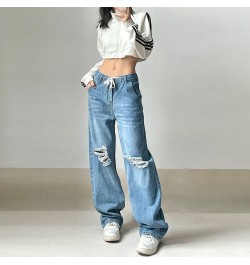 Streetwear Ripped Jeans Women Low Rise Lace Up Straight Trousers Korean Fashion All-match Casual Denim Baggy Pants 여성용 바지 $49...