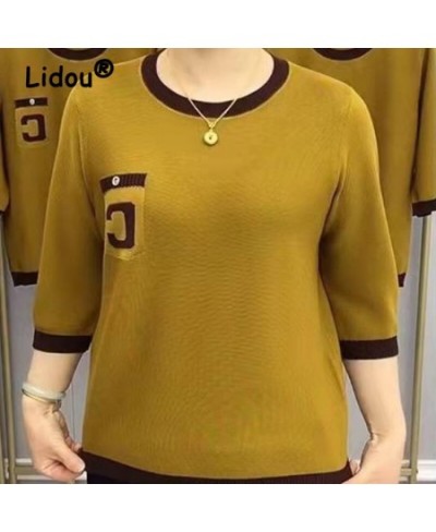 Office Lady 3/4 Sleeve T-Shirt Tops Solid Color Casual Elegant All-match Summer O-neck Loose Plus Size Knitting Women Clothin...