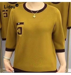 Office Lady 3/4 Sleeve T-Shirt Tops Solid Color Casual Elegant All-match Summer O-neck Loose Plus Size Knitting Women Clothin...