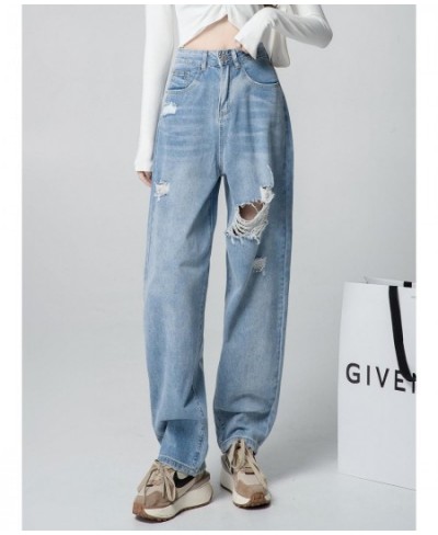 High Waist Straight Ripped Jeans Women 2023 New Blue Denim Trousers Korean Fashion Streetwear Loose Pants $50.48 - Jeans