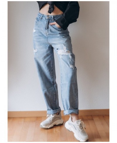 High Waist Straight Ripped Jeans Women 2023 New Blue Denim Trousers Korean Fashion Streetwear Loose Pants $50.48 - Jeans