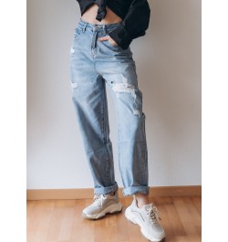 High Waist Straight Ripped Jeans Women 2023 New Blue Denim Trousers Korean Fashion Streetwear Loose Pants $50.48 - Jeans