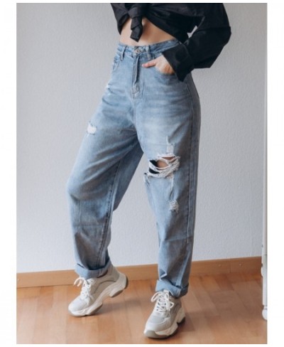 High Waist Straight Ripped Jeans Women 2023 New Blue Denim Trousers Korean Fashion Streetwear Loose Pants $50.48 - Jeans