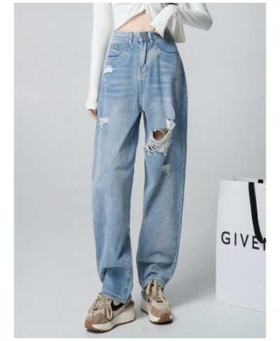 High Waist Straight Ripped Jeans Women 2023 New Blue Denim Trousers Korean Fashion Streetwear Loose Pants $50.48 - Jeans