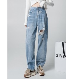 High Waist Straight Ripped Jeans Women 2023 New Blue Denim Trousers Korean Fashion Streetwear Loose Pants $50.48 - Jeans