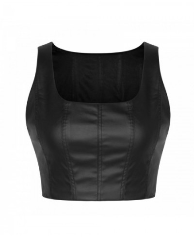 Women Sexy PU Leather Outfits Square Neck Sleeveless Tank Top Zipper Can Match Pleated Skirt Female Summer Short Suit $30.79 ...