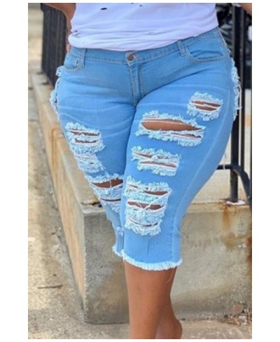 Womens Plus Size Stretchy Bermuda Shorts Jeans Summer Womens Ripped Denim Shorts High Waist Curled Slim Shorts 4XL 5XL ouc114...