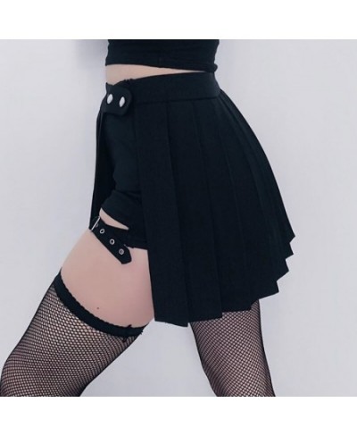 Emo Girl Skirt With Garter Black High Waist Asymmetrical Pleated Mini Skirt Y2K Dark Goth Punk Outfit $32.97 - Skirts