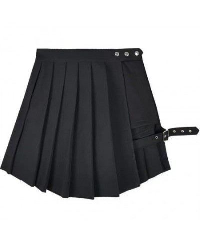 Emo Girl Skirt With Garter Black High Waist Asymmetrical Pleated Mini Skirt Y2K Dark Goth Punk Outfit $32.97 - Skirts