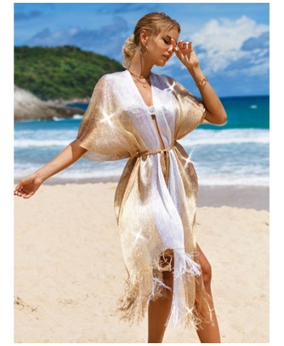 Tassel White Gold Kimono Bikini Cover-ups Sexy Tunics Beach Dress Women Clothing Beach Outfits swimsuits woman 2022 Cover Up ...