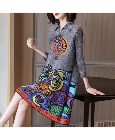 2022 Casual A-Line 3/4 Sleeve Midi Dress Spring Autumn Stylish Printed Turn-down Collar Drawstring Female Korean Elegant $57....