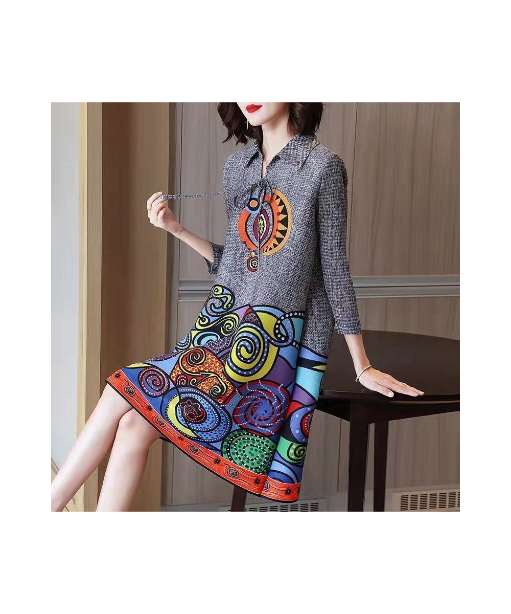 2022 Casual A-Line 3/4 Sleeve Midi Dress Spring Autumn Stylish Printed Turn-down Collar Drawstring Female Korean Elegant $57....