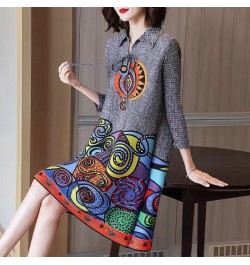 2022 Casual A-Line 3/4 Sleeve Midi Dress Spring Autumn Stylish Printed Turn-down Collar Drawstring Female Korean Elegant $57....