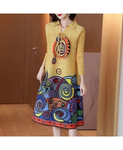 2022 Casual A-Line 3/4 Sleeve Midi Dress Spring Autumn Stylish Printed Turn-down Collar Drawstring Female Korean Elegant $57....