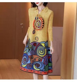 2022 Casual A-Line 3/4 Sleeve Midi Dress Spring Autumn Stylish Printed Turn-down Collar Drawstring Female Korean Elegant $57....