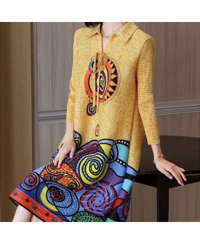 2022 Casual A-Line 3/4 Sleeve Midi Dress Spring Autumn Stylish Printed Turn-down Collar Drawstring Female Korean Elegant $57....