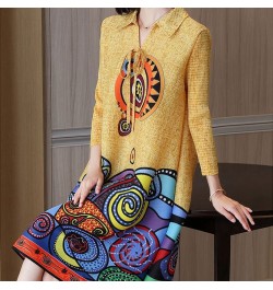 2022 Casual A-Line 3/4 Sleeve Midi Dress Spring Autumn Stylish Printed Turn-down Collar Drawstring Female Korean Elegant $57....