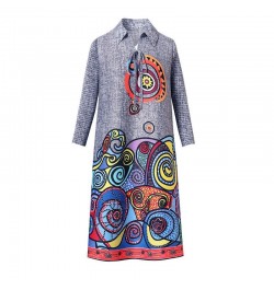 2022 Casual A-Line 3/4 Sleeve Midi Dress Spring Autumn Stylish Printed Turn-down Collar Drawstring Female Korean Elegant $57....