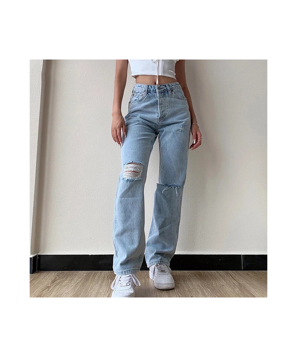 Women Ripped Jeans Large Size Boyfriend Pants High Waist Mom Undefined Stright Trousers $46.05 - Jeans