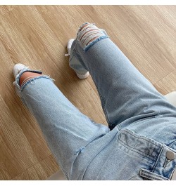 Women Ripped Jeans Large Size Boyfriend Pants High Waist Mom Undefined Stright Trousers $46.05 - Jeans