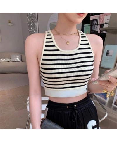 2023 Spring Summer New Simple Stripe U-shaped Knitted Stripe Tank Top Short Top Women $47.11 - Underwear