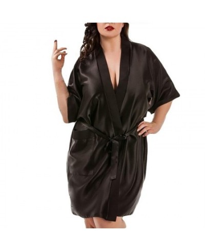 Women Solid Color Bathrobe Large Size Sexy Satin Night Robe Silk Cardigan Waist Bandage Home Patch Bag Bathrobe $17.96 - Slee...