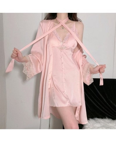 Satin Twinset Robe Suit Women Sleepwear With Buttons Lace Patchwork Kimono Bathrobe Gown Lingerie V-Neck Perspective Nightgow...