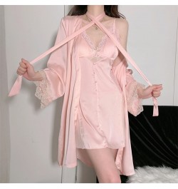 Satin Twinset Robe Suit Women Sleepwear With Buttons Lace Patchwork Kimono Bathrobe Gown Lingerie V-Neck Perspective Nightgow...