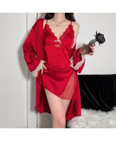 Satin Twinset Robe Suit Women Sleepwear With Buttons Lace Patchwork Kimono Bathrobe Gown Lingerie V-Neck Perspective Nightgow...