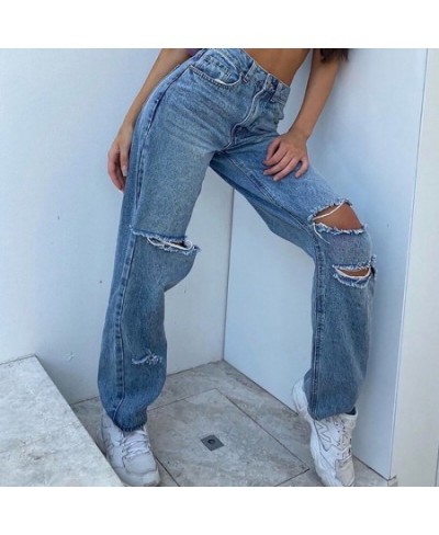 2023 Casual Jeans Women High Waist Hole Vintage Straight Blue Pants Harajukku Light Loose Wide Leg Denim Trousers Streetwear ...