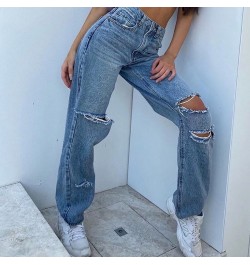 2023 Casual Jeans Women High Waist Hole Vintage Straight Blue Pants Harajukku Light Loose Wide Leg Denim Trousers Streetwear ...