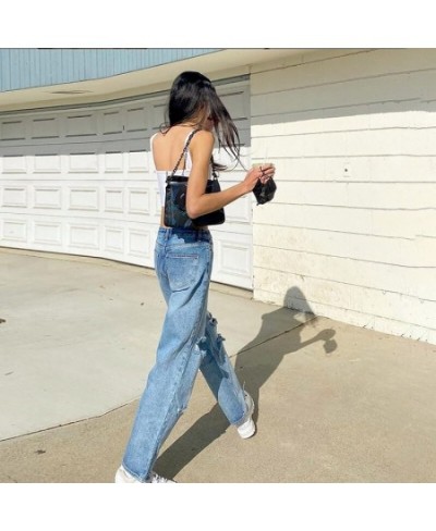 2023 Casual Jeans Women High Waist Hole Vintage Straight Blue Pants Harajukku Light Loose Wide Leg Denim Trousers Streetwear ...