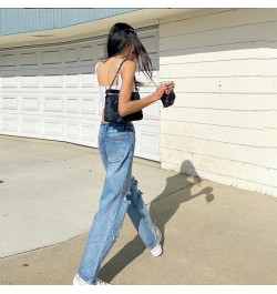 2023 Casual Jeans Women High Waist Hole Vintage Straight Blue Pants Harajukku Light Loose Wide Leg Denim Trousers Streetwear ...