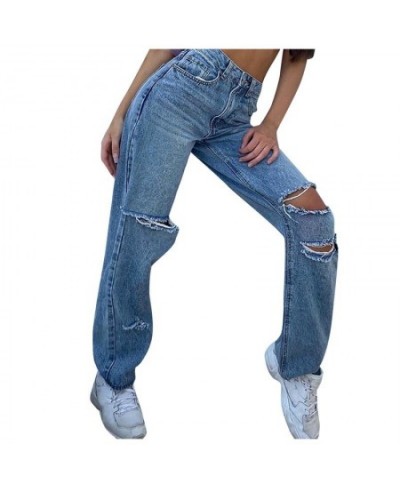 2023 Casual Jeans Women High Waist Hole Vintage Straight Blue Pants Harajukku Light Loose Wide Leg Denim Trousers Streetwear ...