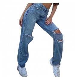 2023 Casual Jeans Women High Waist Hole Vintage Straight Blue Pants Harajukku Light Loose Wide Leg Denim Trousers Streetwear ...