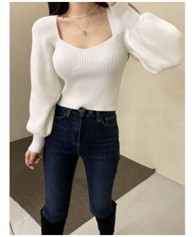 Autumn Lantern Sleeve Pullover Kniited Sweater Korean Retro Square Collar Ladies Top 2023 Bottoming Short Solid Jumper $40.78...
