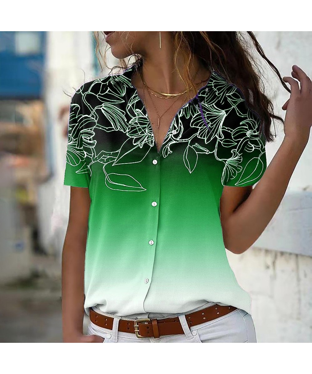 Summer Spring Everyday Retro Loose Size Short SleeveStreet Trend Blouse Women Sexy V-neck New Design Printing Button Shirt $2...