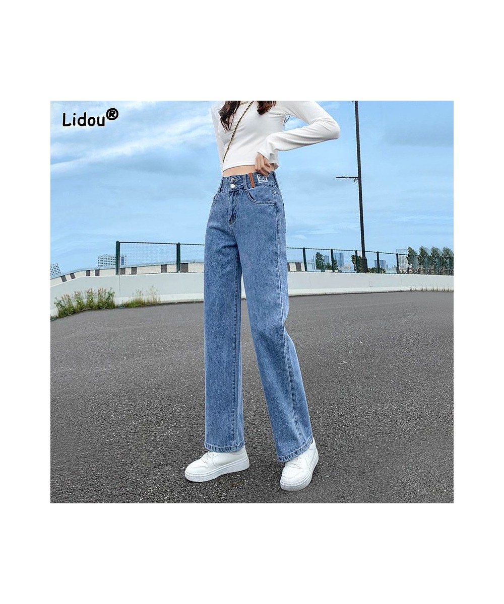 Women's Clothing 2022 Button Fake Zippers Pockets Washed Straight Jeans All Season Thin Solid Loose Office Lady Casual Fashio...