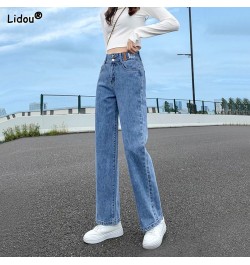 Women's Clothing 2022 Button Fake Zippers Pockets Washed Straight Jeans All Season Thin Solid Loose Office Lady Casual Fashio...