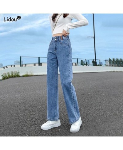 Women's Clothing 2022 Button Fake Zippers Pockets Washed Straight Jeans All Season Thin Solid Loose Office Lady Casual Fashio...