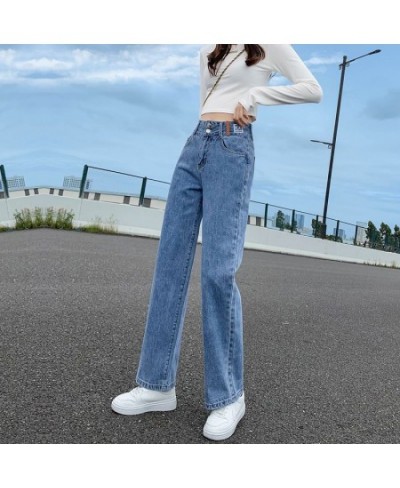 Women's Clothing 2022 Button Fake Zippers Pockets Washed Straight Jeans All Season Thin Solid Loose Office Lady Casual Fashio...