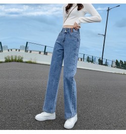 Women's Clothing 2022 Button Fake Zippers Pockets Washed Straight Jeans All Season Thin Solid Loose Office Lady Casual Fashio...