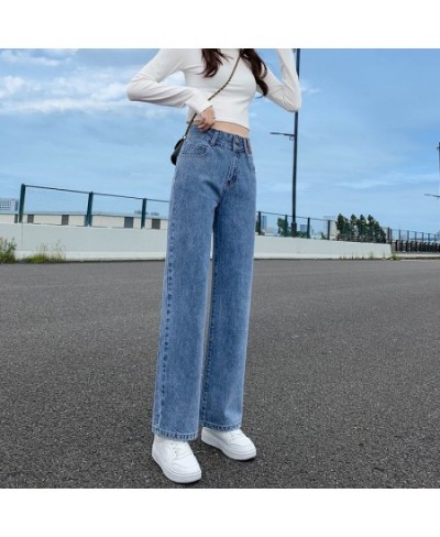 Women's Clothing 2022 Button Fake Zippers Pockets Washed Straight Jeans All Season Thin Solid Loose Office Lady Casual Fashio...