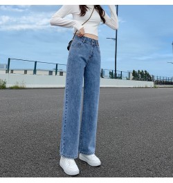 Women's Clothing 2022 Button Fake Zippers Pockets Washed Straight Jeans All Season Thin Solid Loose Office Lady Casual Fashio...