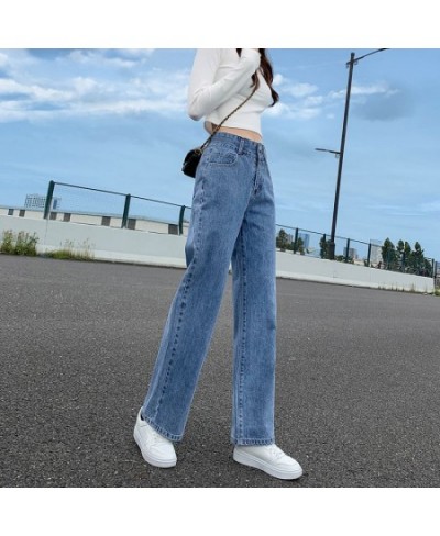 Women's Clothing 2022 Button Fake Zippers Pockets Washed Straight Jeans All Season Thin Solid Loose Office Lady Casual Fashio...