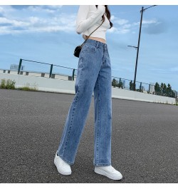 Women's Clothing 2022 Button Fake Zippers Pockets Washed Straight Jeans All Season Thin Solid Loose Office Lady Casual Fashio...