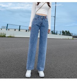 Women's Clothing 2022 Button Fake Zippers Pockets Washed Straight Jeans All Season Thin Solid Loose Office Lady Casual Fashio...