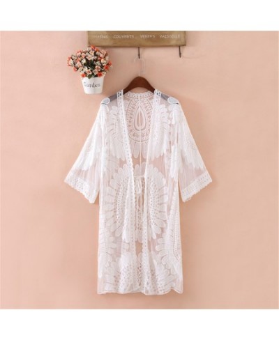 Summer Swimsuit Lace Hollow Crochet Beach Bikini Cover Up 3/4 Sleeve Women Tops Swimwear Beach Dress White Beach Tunic Shirt ...