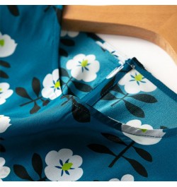 Women 100% Mulberry Silk Midi Dress Turquoise blue Floral Printed Crew Neck Short Sleeve Loose Type Long Dress Big Hem MM775 ...